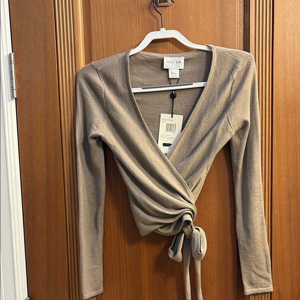 NWT Oscar de la Renta Tan Long Sleeve Wrap sweater.